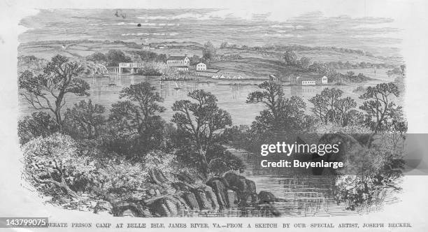 Confederate Prison at Belle Isle on the James River, Belle Isle, Virginia, early to mid 1860s. From an issue of Frank Leslie's Illustrated Almanac.