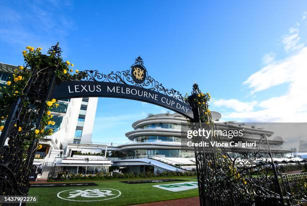 General view of Flemington archway during 2022 Lexus Melbourne Cup Day at Flemington Racecourse on November 01, 2022 in Melbourne, Australia.