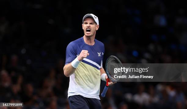 Andy Murray of Great Britain celebrates a point against Gilles Simon of France in the first round during Day One of the Rolex Paris Masters tennis at...