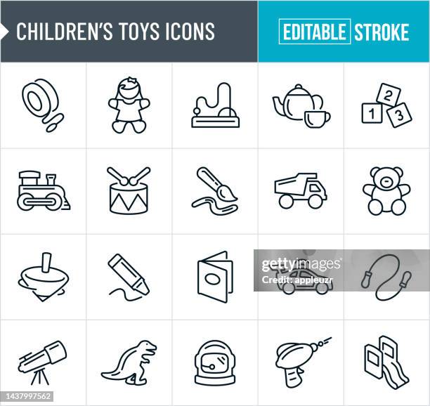 illustrazioni stock, clip art, cartoni animati e icone di tendenza di icone della linea sottile dei giocattoli per bambini - tratto modificabile - bambola giocattolo