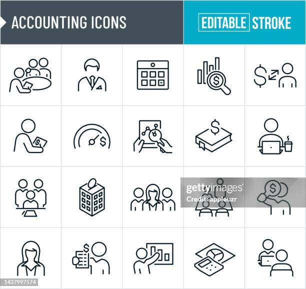 ilustraciones, imágenes clip art, dibujos animados e iconos de stock de iconos de línea delgada de contabilidad - trazo editable - contabilidad