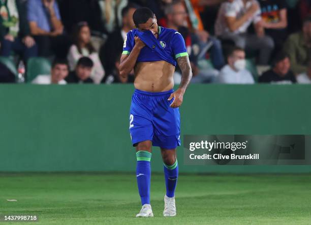 Jordan Amavi of Getafe CF walks off the pitch after receiving a red card during the LaLiga Santander match between Elche CF and Getafe CF at Estadio...