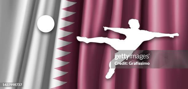 qatar flag with soccer player silhouette cut out - qatari people stock illustrations