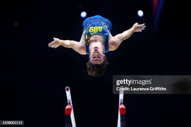 Tyson Bull of Team Australia competes on Parallel Bars during Men's Qualifications on Day Three of the FIG Artistic Gymnastics World Championships at...