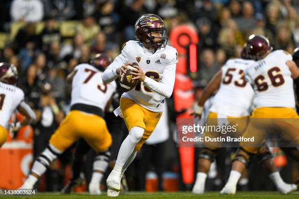 Quarterback Trenton Bourguet of the Arizona State Sun Devils rolls out of the pocket in the first half of a game against the Colorado Buffaloes at...