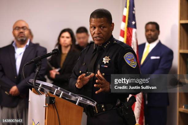 San Francisco police chief Bill Scott speaks during a news conference with San Francisco district attorney Brooke Jenkins on October 31, 2022 in San...