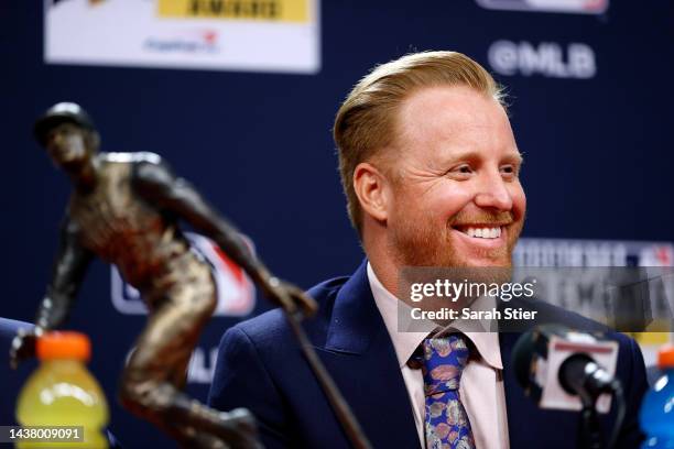 Justin Turner of the Los Angeles Dodgers speaks to the media after being announced as the winner of the 2022 Roberto Clemente Award prior to Game...