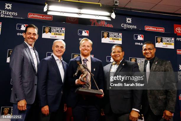 Andy Navarrete, EVP, External Affairs, Capital One, MLB Commissioner Robert D. Manfred, Jr., 2022 Roberto Clemente Award winner Justin Turner of the...