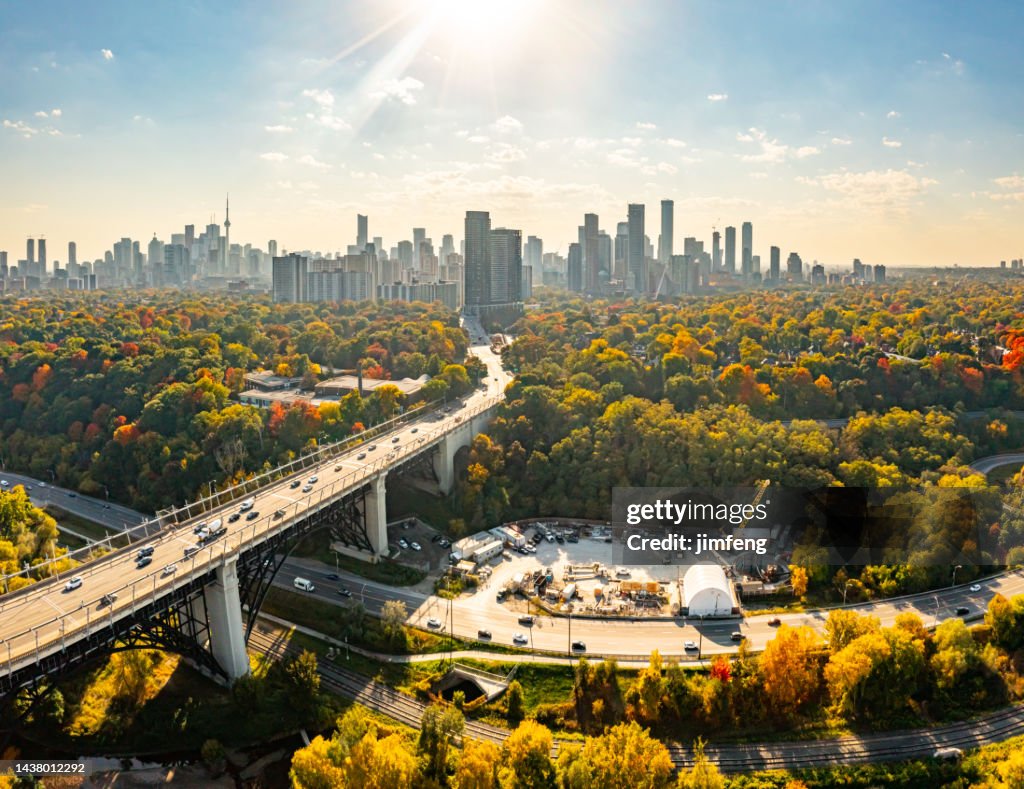 Aerial Bayview Ave. and Rosedale in Autumn, Toronto, Canada