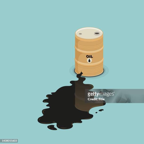 oil barrel is lying in spilled puddle of crude oil. - puddle stock illustrations
