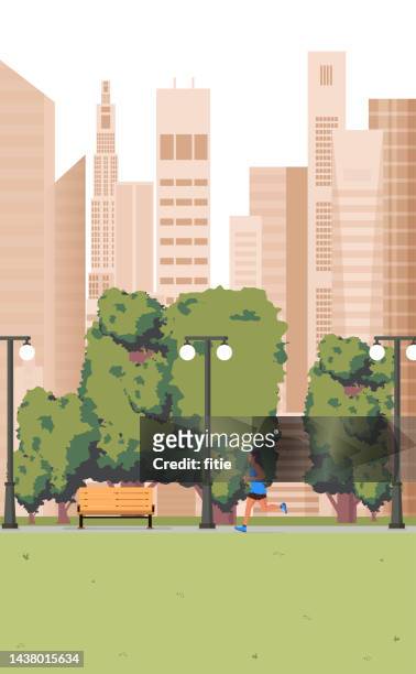 city park bench, big green oak with skyscrapers,young female runner running across the city park. - alley stock illustrations