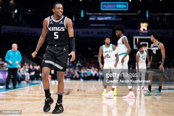 De'Aaron Fox of the Sacramento Kings reacts after being called for a foul in the second quarter during their game against the Charlotte Hornets at...