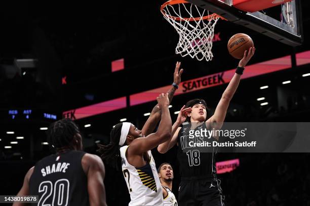 Yuta Watanabe of the Brooklyn Nets puts up a layup during the first quarter of a game against the Indiana Pacers at Barclays Center on October 31,...