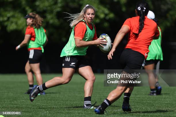 Amy du Plessis of the Black Ferns passes during a New Zealand Black Ferns Rugby World Cup training session at Gribblehirst Park on November 01, 2022...