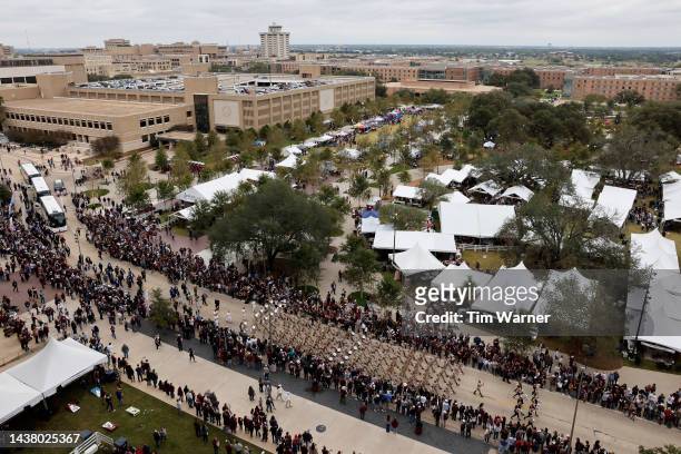 View of the Texas A&M campus as the team arrives to the stadium before the game against the Mississippi Rebels at Kyle Field on October 29, 2022 in...