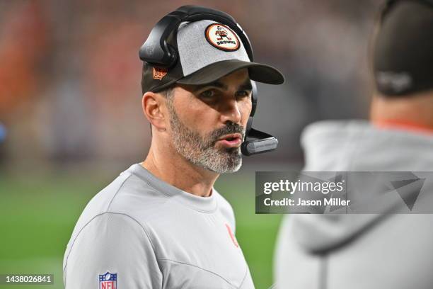 Head coach Kevin Stefanski of the Cleveland Browns looks on during the first half of the game against the Cincinnati Bengals at FirstEnergy Stadium...