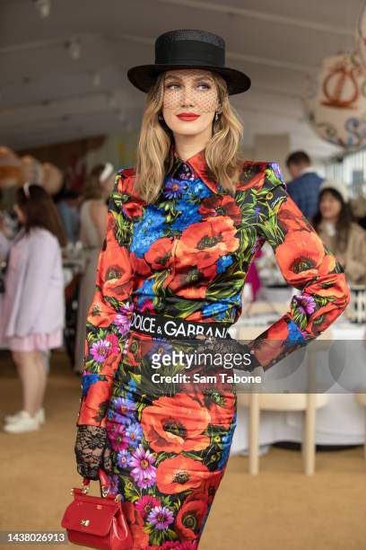 Delta Goodrem is seen during 2022 Melbourne Cup Day at Flemington Racecourse on November 1, 2022 in Melbourne, Australia.