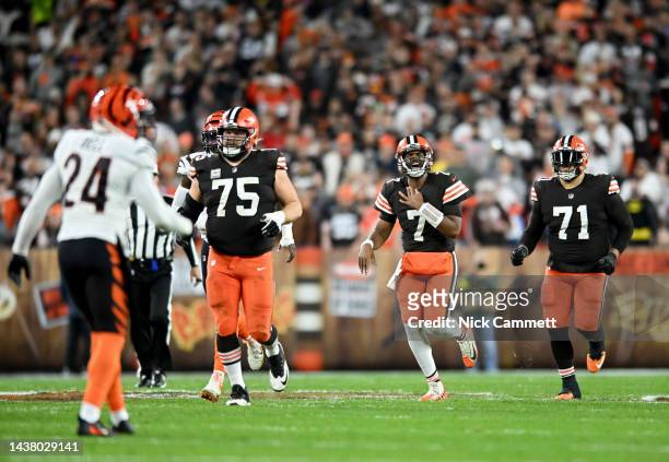 Jacoby Brissett of the Cleveland Browns reacts after being injured during the first half of the game against the Cincinnati Bengals at FirstEnergy...