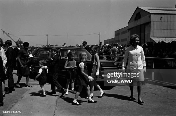 Ethel Kennedy and children arrive to the christening of aircraft carrier JFK