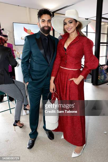 Ankur Dogra and Sharon Johal during 2022 Melbourne Cup Day at Flemington Racecourse on November 1, 2022 in Melbourne, Australia.