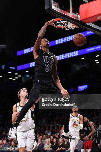 Nicolas Claxton of the Brooklyn Nets dunks the ball during the second quarter of the game against the Indiana Pacers at Barclays Center on October...