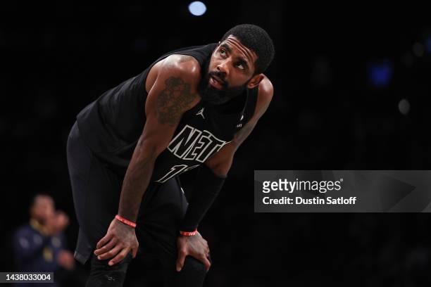 Kyrie Irving of the Brooklyn Nets looks on during a break in the action during the fourth quarter of the game against the Indiana Pacers at Barclays...