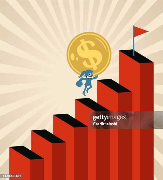 ilustrações de stock, clip art, desenhos animados e ícones de a businesswoman climbing up the growing chart steps and achieving her financial goals - approaching