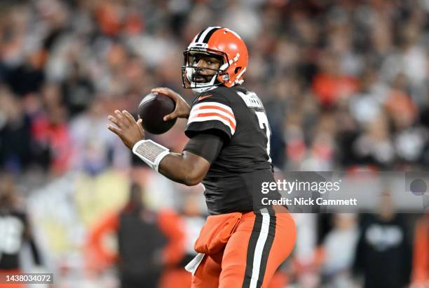 Jacoby Brissett of the Cleveland Browns throws the ball during the first half of the game against the Cincinnati Bengals at FirstEnergy Stadium on...