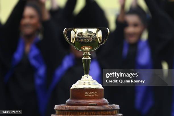 The 2022 Lexus Melbourne Cup is on display ahead of race seven, the Lexus Melbourne Cup during 2022 Melbourne Cup Day at Flemington Racecourse on...