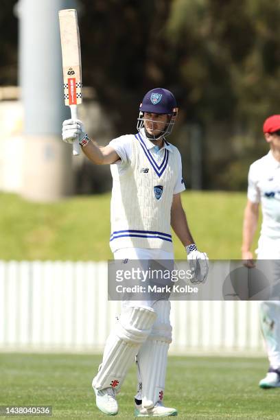 Kurtis Patterson of the Blues celebrates his half century during the Sheffield Shield match between New South Wales and South Australia at North...