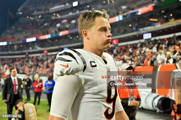 Joe Burrow of the Cincinnati Bengals looks on after the game against the Cleveland Browns at FirstEnergy Stadium on October 31, 2022 in Cleveland,...
