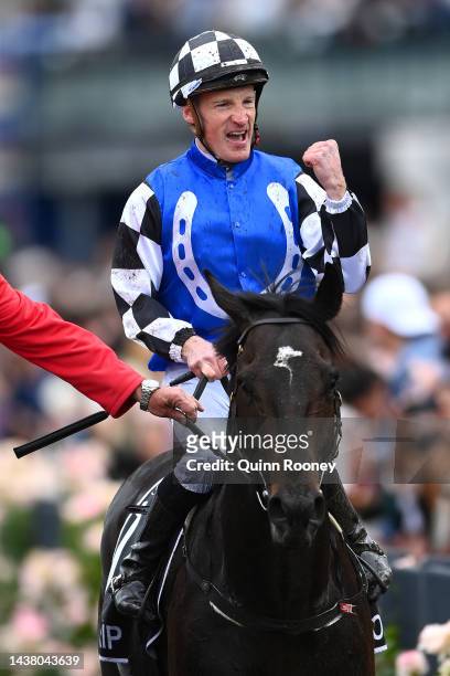 Mark Zahra riding Gold Trip celebrates winning race seven, the Lexus Melbourne Cup during 2022 Melbourne Cup Day at Flemington Racecourse on November...