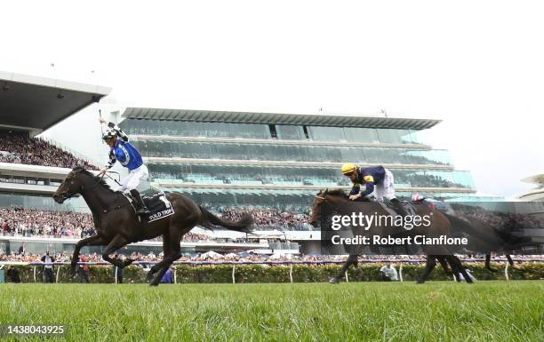 Mark Zahra rides Gold Trip to win race seven the Lexus Melbourne Cup during 2022 Lexus Melbourne Cup Day at Flemington Racecourse on November 01,...