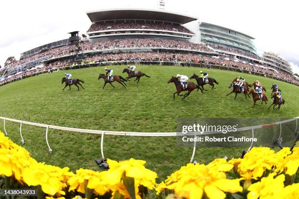 Mark Zahra rides Gold Trip to win race seven the Lexus Melbourne Cup during 2022 Lexus Melbourne Cup Day at Flemington Racecourse on November 01,...