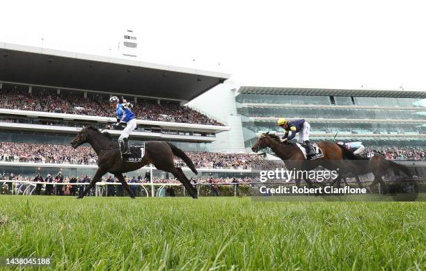 Mark Zahra rides Gold Trip to win race seven the Lexus Melbourne Cup during 2022 Lexus Melbourne Cup Day at Flemington Racecourse on November 01,...