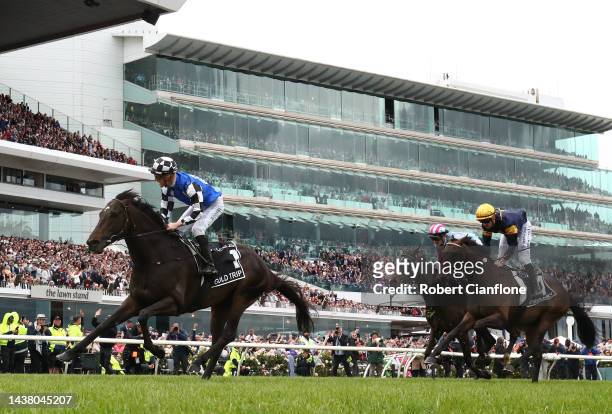 Mark Zahra rides Gold Trip to win race seven the Lexus Melbourne Cup during 2022 Lexus Melbourne Cup Day at Flemington Racecourse on November 01,...