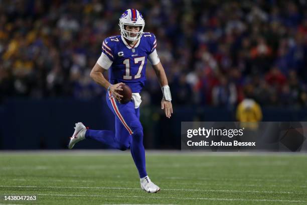 Josh Allen of the Buffalo Bills runs during the second half against the Green Bay Packers at Highmark Stadium on October 30, 2022 in Orchard Park,...