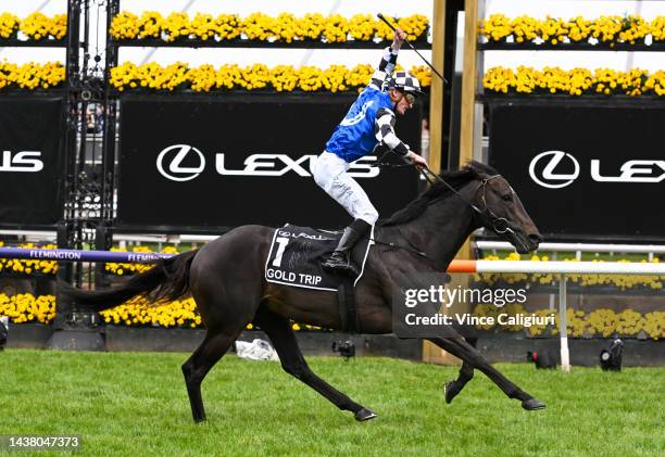 Mark Zahra riding Gold Trip winning Race 7, the Lexus Melbourne Cup, during 2022 Lexus Melbourne Cup Day at Flemington Racecourse on November 01,...