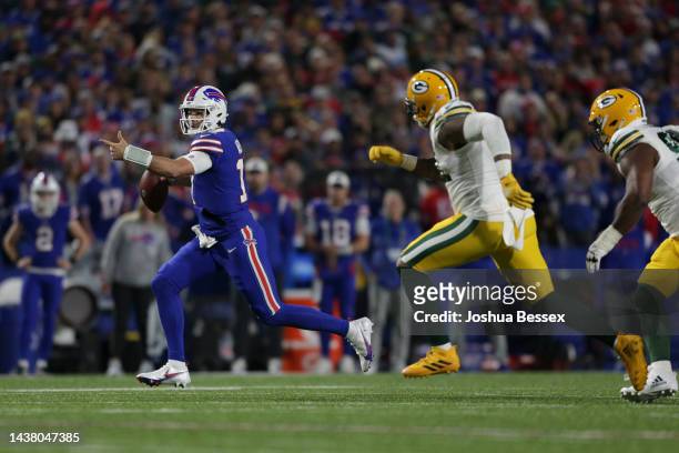 Josh Allen of the Buffalo Bills runs during the second half against the Green Bay Packers at Highmark Stadium on October 30, 2022 in Orchard Park,...
