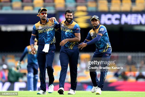 Lahiru Kumara of Sri Lanka celebrates with team mate Dasun Shanaka after taking the wicket of Ibrahim Zadran of Afghanistan during the ICC Men's T20...