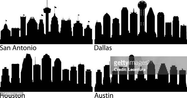 texan cities: san antonio, dallas, houston, and auston (all buildings are complete and moveable) - austin texas skyline vector stock illustrations