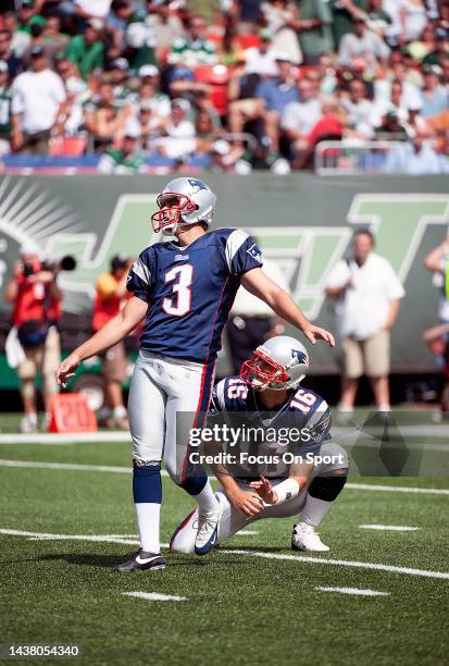 Adam Vinatieri of the New England Patriots warms up during pregame warm ups prior to playing the New York Jets in an NFL football game circa 2005 at...