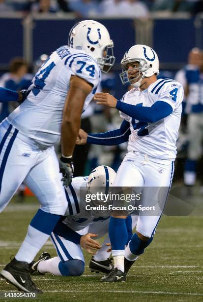 Adam Vinatieri of the Indianapolis Colt kicks a field goal against the New York Giants during an NFL football game September 10, 2006 at Giants...