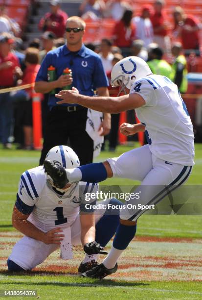 Adam Vinatieri of the Indianapolis Colt warms up during pregame warm ups prior to playing the San Francisco 49ers in an NFL football game September...