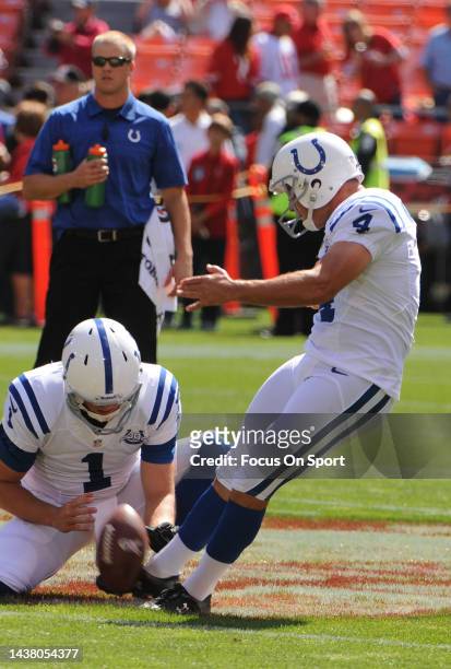 Adam Vinatieri of the Indianapolis Colt warms up during pregame warm ups prior to playing the San Francisco 49ers in an NFL football game September...