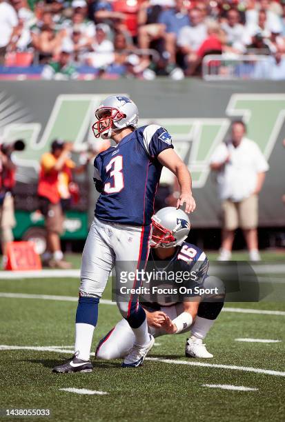 Adam Vinatieri of the New England Patriots warms up during pregame warm ups prior to playing the New York Jets in an NFL football game circa 2005 at...