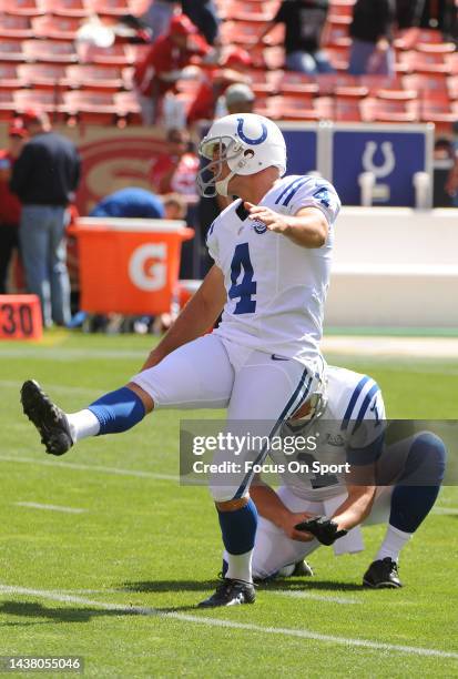 Adam Vinatieri of the Indianapolis Colt warms up during pregame warm ups prior to playing the San Francisco 49ers in an NFL football game September...