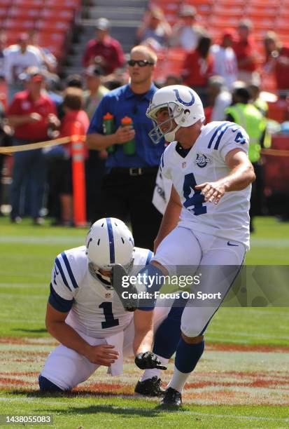 Adam Vinatieri of the Indianapolis Colt warms up during pregame warm ups prior to playing the San Francisco 49ers in an NFL football game September...