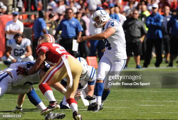Adam Vinatieri of the Indianapolis Colt kicks a field goal against the San Francisco 49ers during an NFL football game on September 22, 2013 at...