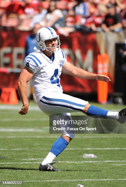 Adam Vinatieri of the Indianapolis Colt warms up during pregame warm ups prior to playing the San Francisco 49ers in an NFL football game September...